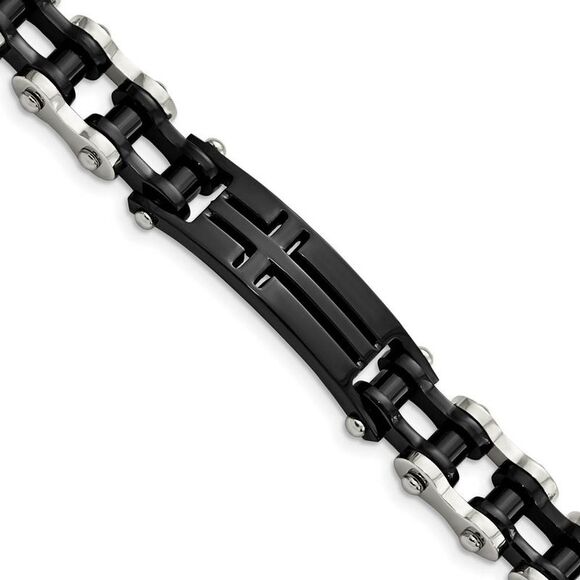 Stainless Steel & Black Plated Cross I.D. Bike Link Bracelet 9 Inch